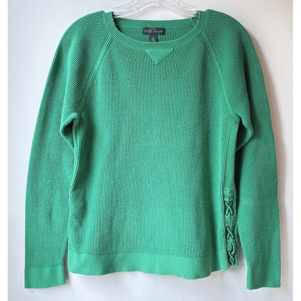 Vtg Lauren Ralph Lauren Waffle Knit Top Large Green Thermal Preppy Y2K